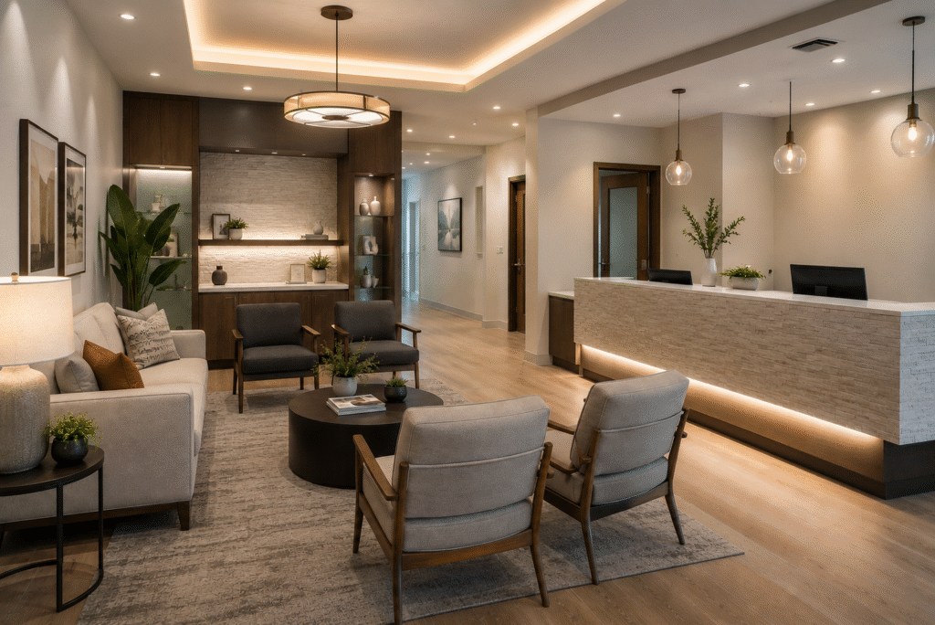 calming dental office waiting room interior design with layered lighting and grouped seating