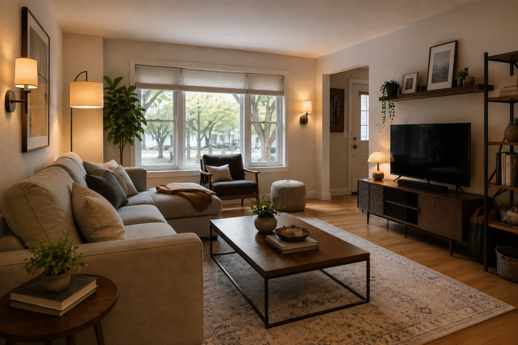 Living room lighting ideas without overhead lighting using floor lamps and wall sconces