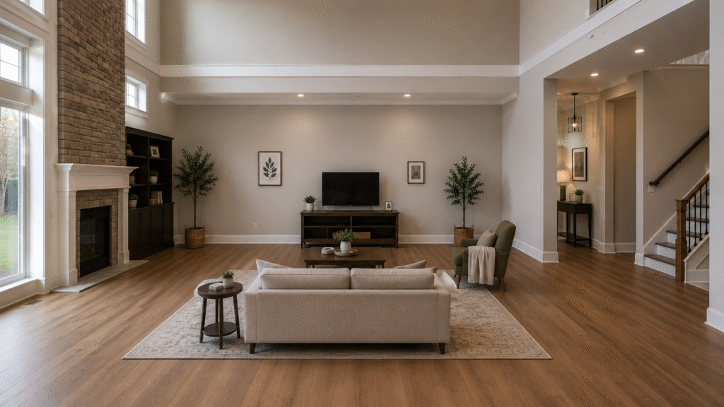 Small loveseat and undersized coffee table in an oversized living room, furniture scale mismatch