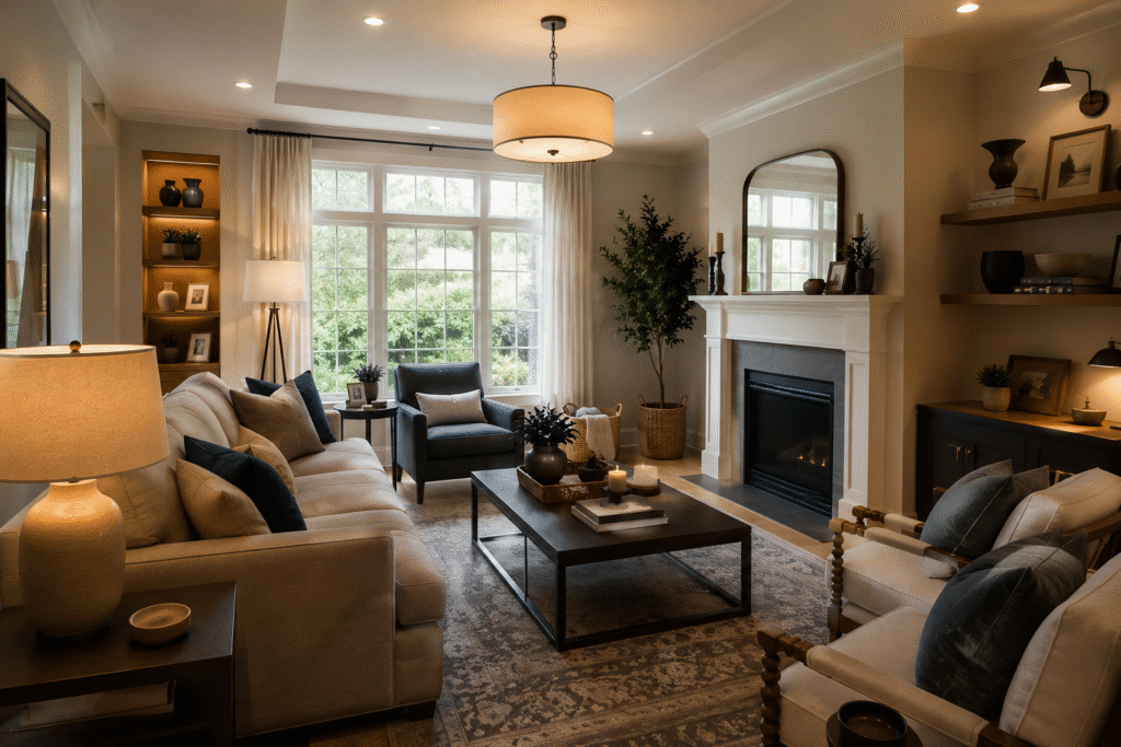 Living room lighting ideas showing ambient, task, and accent lighting