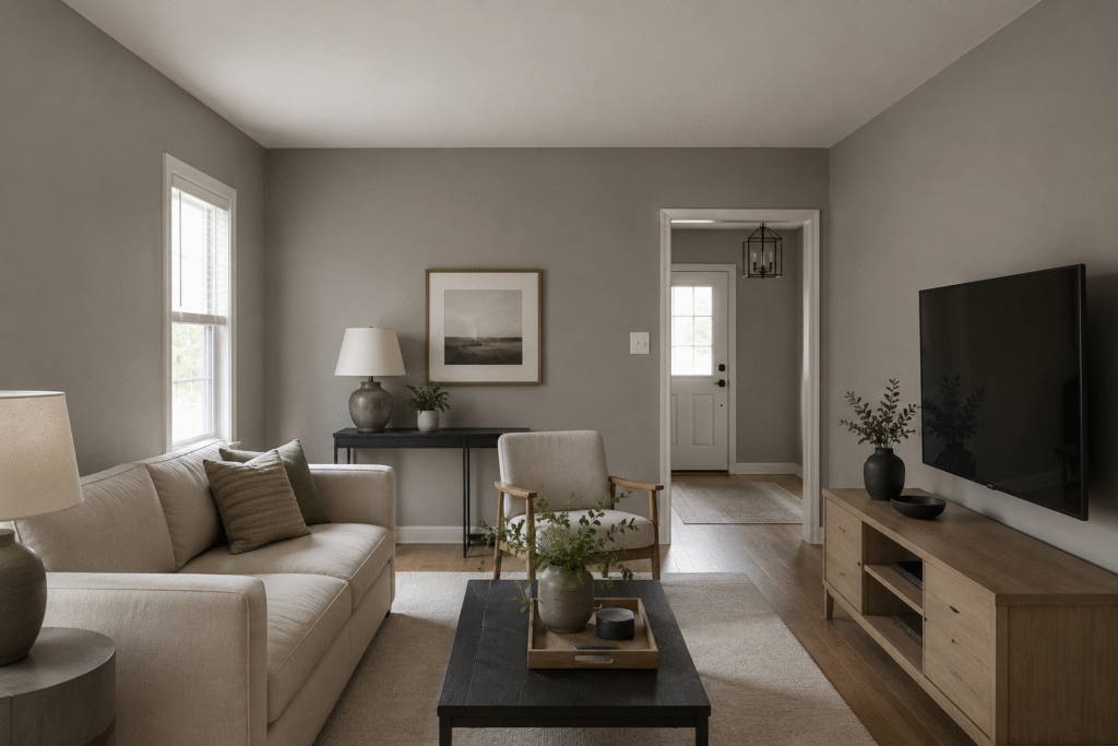 Living room painted one flat color wall to wall with no variation in tone or finish