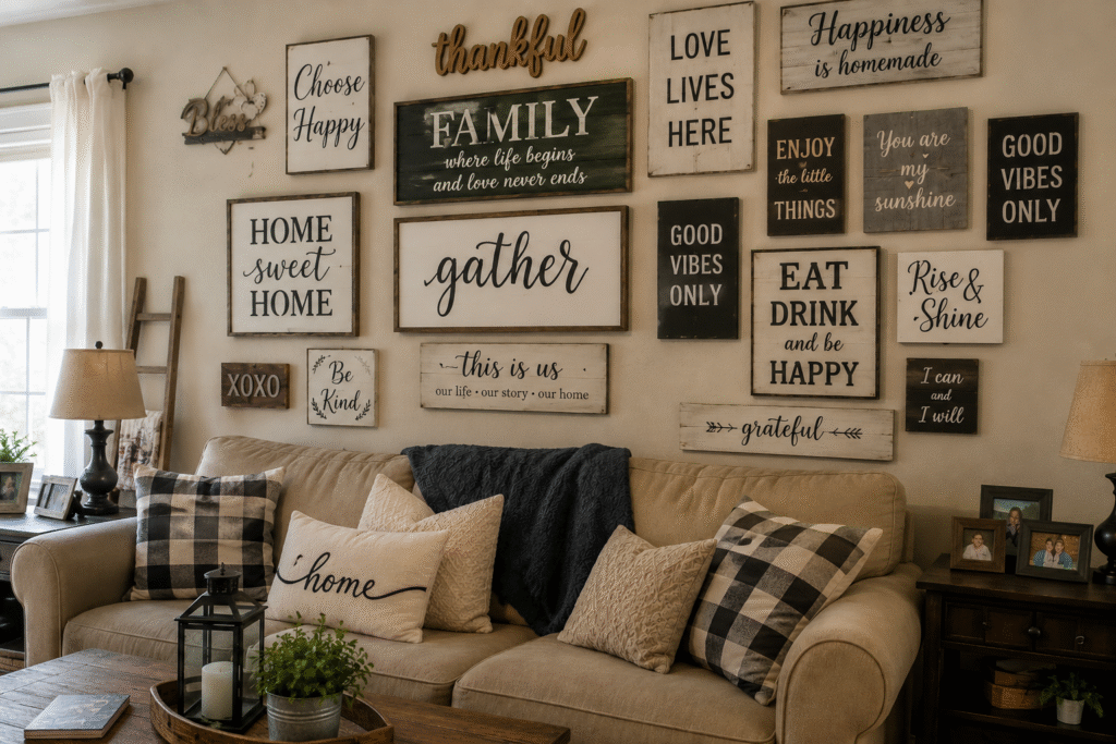 Wall covered in multiple mass produced inspirational word art signs