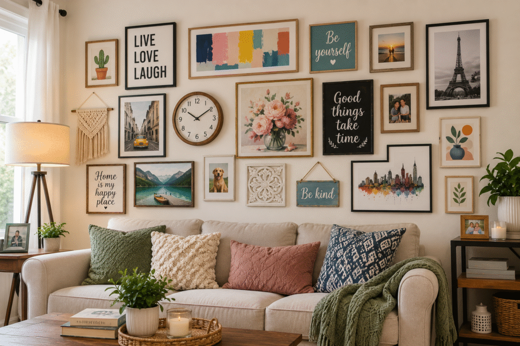 Mismatched gallery wall with unrelated frame styles and no unifying color or theme