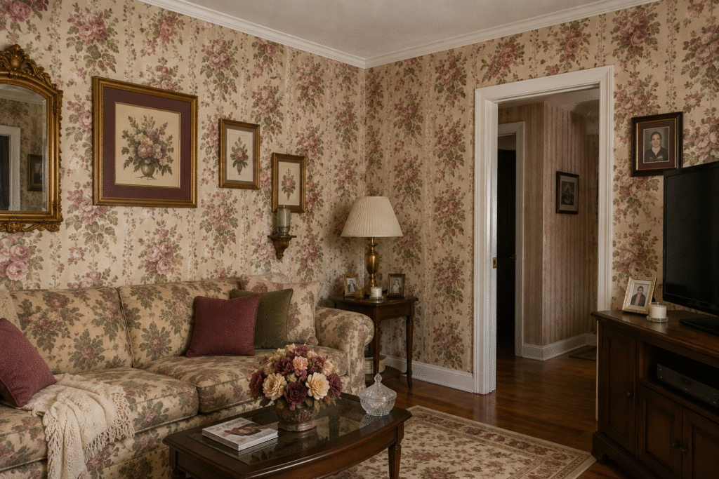 Dated, bold patterned wallpaper in a living room that has aged out of style