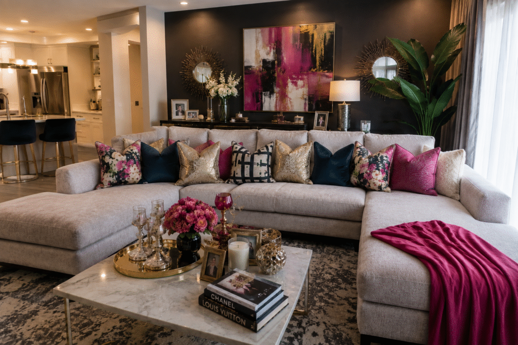 Sofa piled with a dozen mismatched throw pillows in competing patterns