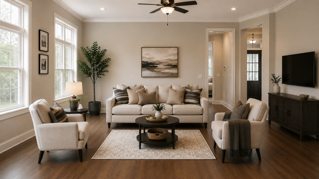 Living room rug too small for the sofa and chairs, furniture legs floating off the rug edge