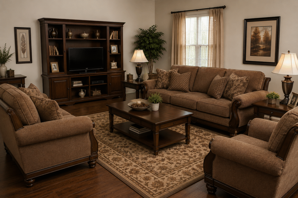 Living room furnished entirely from one matching showroom set, same wood tone throughout