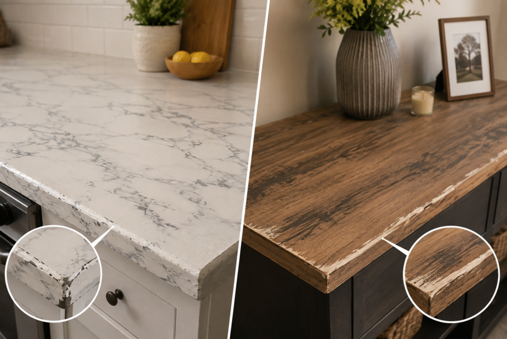 Kitchen countertop painted to look like marble, faux material finish up close