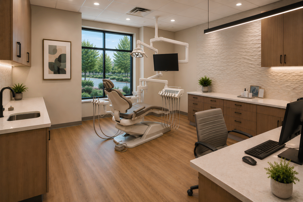 dental office interior design material palette with warm wood-look flooring and neutral finishes
